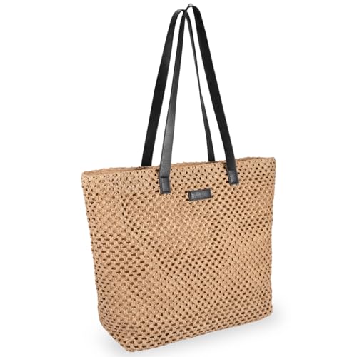 YXILEE Straw Bag for Women - Summer Beach Foldable Staw Tote Bag - Handmade Large Zipper Woven Shoulder Bags Pool for Summer