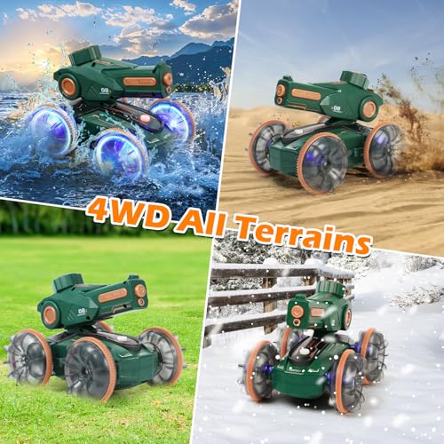 Toys for Kids 6-12 Remote Control Car Water Squirt Tank Gifts for Boys Girls 5-7 8 9 10 11 Year Old Amphibious RC Gesture Stunt Boat with Lights & Self-Dispensing Cool Outdoor Summer Beach Pool Toy