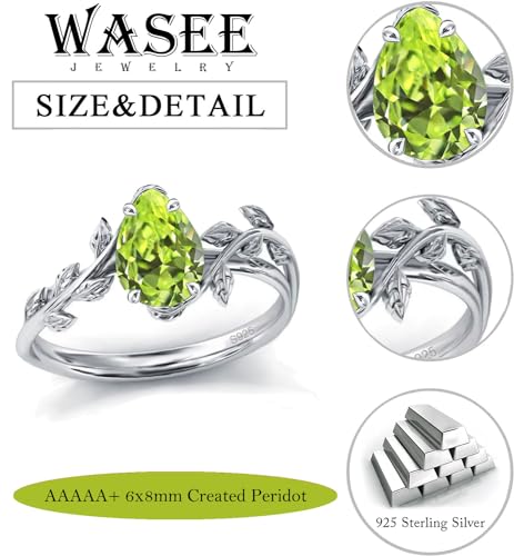 Wasee August Birthstone Ring 925 Sterling Silver Peridot Ring Pear Shaped Leaf Promise Ring for Her Birthday Anniversary Mother's Day Jewelry Gifts for Women,Ring Size 7