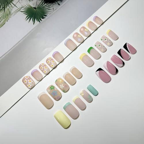 6 Packs (144 Pcs) Press on Nails Medium, Jsiallye French Tip Press on Nails with Flower Design Square, Glue on Nails in 12 Sizes - 24 Fake Nails Kit, Summer Collection Stick on Nails for Women