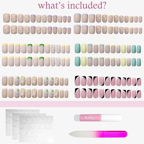 6 Packs (144 Pcs) Press on Nails Medium, Jsiallye French Tip Press on Nails with Flower Design Square, Glue on Nails in 12 Sizes - 24 Fake Nails Kit, Summer Collection Stick on Nails for Women