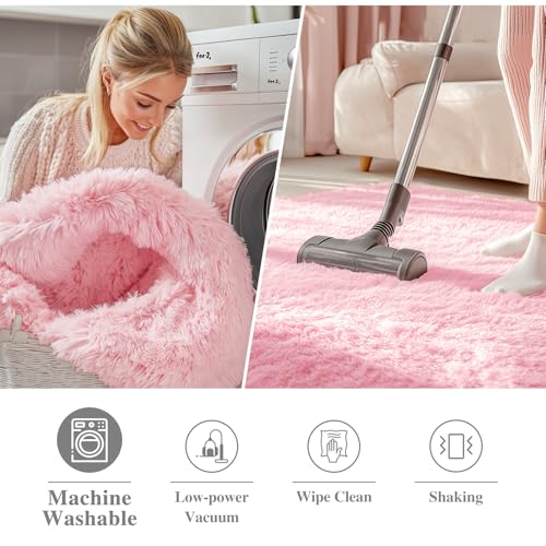 OLANLY Pink Round Rugs for Bedroom - Machine Washable, 4x4 Feet Circle Area Rugs for Living Room, Soft and Fluffy Shaggy Carpet for Teen Girls and Boys, Dorms, Nursery Rooms, Home Decor Aesthetic