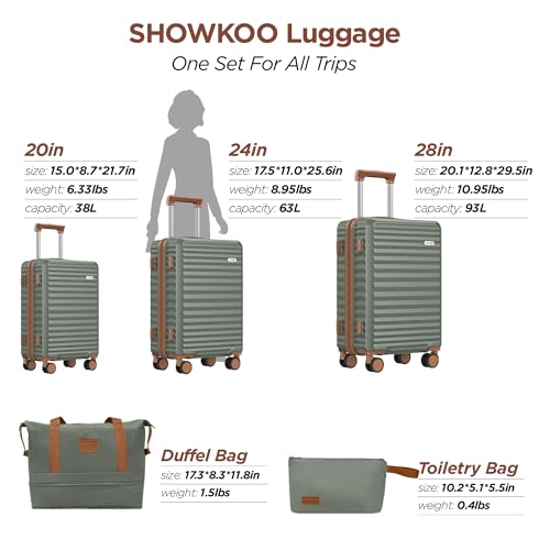 SHOWKOO Luggage Sets 3 Piece Hardside Expandable Suitcase with Double Spinner Wheels Tsa Lock, (Green, 5 piece set)