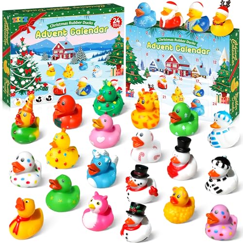 ZIZZ Advent Calendar 2024 Christmas Rubber Ducks - 24 Days Christmas Countdown Calendar Gifts for Kids Girl Boy Holiday Fun Duck Bath Toy for Toddler Baby Kids Party Favors Xmas Surprise Gift Idea