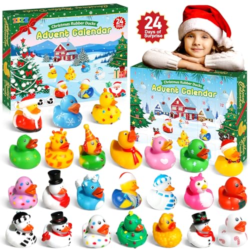 ZIZZ Advent Calendar 2024 Christmas Rubber Ducks - 24 Days Christmas Countdown Calendar Gifts for Kids Girl Boy Holiday Fun Duck Bath Toy for Toddler Baby Kids Party Favors Xmas Surprise Gift Idea