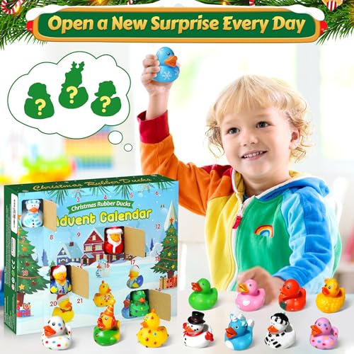 ZIZZ Advent Calendar 2024 Christmas Rubber Ducks - 24 Days Christmas Countdown Calendar Gifts for Kids Girl Boy Holiday Fun Duck Bath Toy for Toddler Baby Kids Party Favors Xmas Surprise Gift Idea