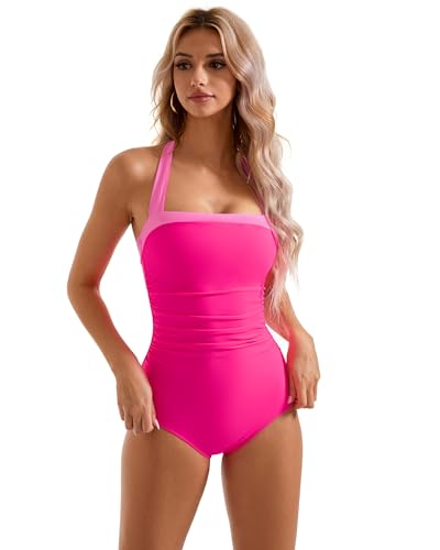 SUUKSESS Women Sexy Tummy Control One Piece Swimsuit Halter Retro Bathing Suit