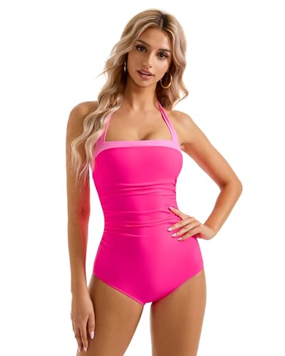 SUUKSESS Women Sexy Tummy Control One Piece Swimsuit Halter Retro Bathing Suit