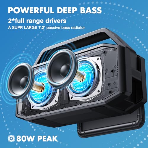 W-KING Bluetooth Speaker, 80W PEAK IPX6 Waterproof Loud Portable Bluetooth Speaker Wireless with 2 Full-Range Drivers/Rich Bass,2 Pairing/30H/U-Disk/TF Card/AUX/EQ, Party Boombox Outdoor Large Speaker