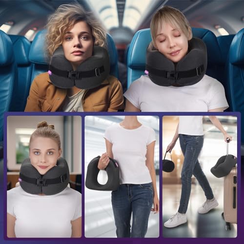 CSJT Travel Pillow Vac Compressed Memory Foam Neck Pillow Airplane,Comfortable,Neck Support,Machine Washable,Airplanes Travel Essentials Accessories for Office,Flight,Cars Breaks Sleeping(Black)