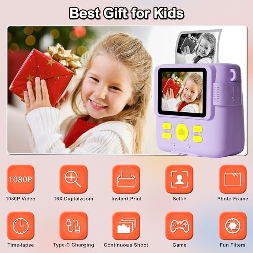 GKTZ Instant Print Camera for Kids - 1080P HD Instant Print Photo - Christmas Birthday Gifts for Age 4 5 6 7 8 9 10 Girls Boys - Portable Toy with 3 Rolls Photo Paper, 32GB Card, Color Pens - Purple