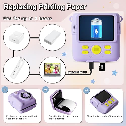 GKTZ Instant Print Camera for Kids - 1080P HD Instant Print Photo - Christmas Birthday Gifts for Age 4 5 6 7 8 9 10 Girls Boys - Portable Toy with 3 Rolls Photo Paper, 32GB Card, Color Pens - Purple