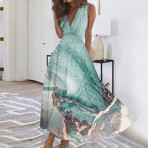 Summer Dresses for Women 2024, Marble Floral Print Deep V Neck Sleeveless Maxi Dress Trendy Flowy Beach Sundresses