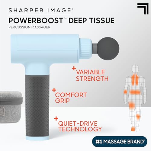 Sharper Image® Powerboost® [Amazon Exclusive] Deep Tissue Massage Gun, 5 Attachments, Quiet Motor, Ergonomic Grip, 6-Speed Lightweight Percussion Massager, Full Body Muscle Recovery & Pain Relief