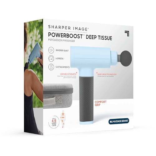 Sharper Image® Powerboost® [Amazon Exclusive] Deep Tissue Massage Gun, 5 Attachments, Quiet Motor, Ergonomic Grip, 6-Speed Lightweight Percussion Massager, Full Body Muscle Recovery & Pain Relief