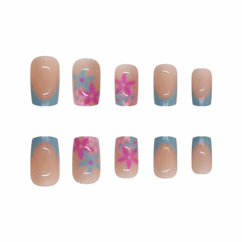 MISUD Press on Nails Short Square Fake Nails Glossy Glue on Nails Summer Blue French Tip Acrylic Nails Squoval Artificial Nails Cute Flower Stick on False Nails with Design 24 pcs