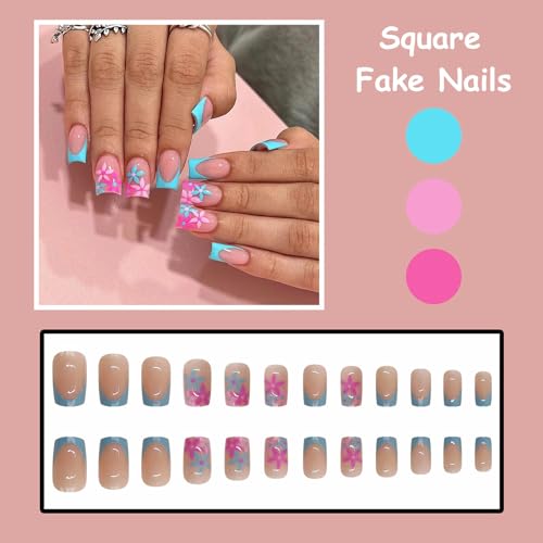 MISUD Press on Nails Short Square Fake Nails Glossy Glue on Nails Summer Blue French Tip Acrylic Nails Squoval Artificial Nails Cute Flower Stick on False Nails with Design 24 pcs