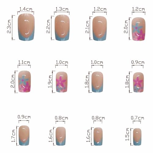 MISUD Press on Nails Short Square Fake Nails Glossy Glue on Nails Summer Blue French Tip Acrylic Nails Squoval Artificial Nails Cute Flower Stick on False Nails with Design 24 pcs