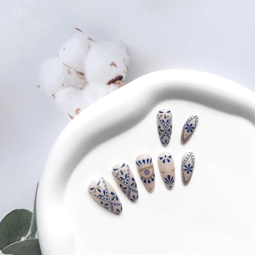 Almond Press on Nails Short Fake Nails Blue Flower Totem Pattern Almond Nails Press on Acrylic Full Cover Summer Glue on Nails Sweet Cool False Nails Stick on Nails for Women Gel Fake Nails Kit 24PCS