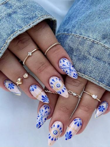 Almond Press on Nails Short Fake Nails Blue Flower Totem Pattern Almond Nails Press on Acrylic Full Cover Summer Glue on Nails Sweet Cool False Nails Stick on Nails for Women Gel Fake Nails Kit 24PCS