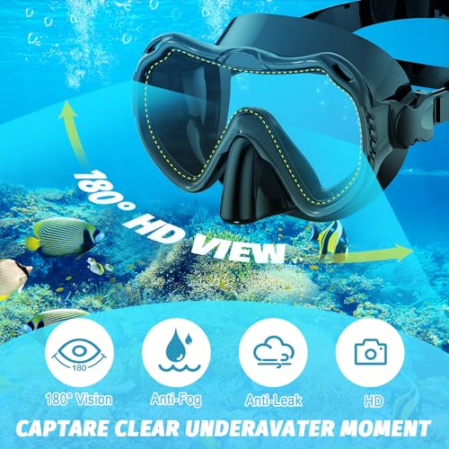 Full Face Snorkel Mask, Snorkeling Gear for Adults Men and Women, 180 Degrees Panoramic View Snorkel Set Anti-Fog Anti-Leak, Dry Top System and Travel Bag for Swimming, Snorkeling, ML/XL