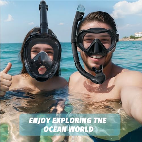 Full Face Snorkel Mask, Snorkeling Gear for Adults Men and Women, 180 Degrees Panoramic View Snorkel Set Anti-Fog Anti-Leak, Dry Top System and Travel Bag for Swimming, Snorkeling, ML/XL