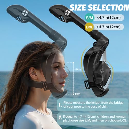 Full Face Snorkel Mask, Snorkeling Gear for Adults Men and Women, 180 Degrees Panoramic View Snorkel Set Anti-Fog Anti-Leak, Dry Top System and Travel Bag for Swimming, Snorkeling, ML/XL