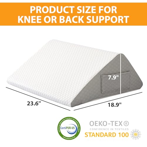 Ruqmuis Knee Wedge Pillow, 8"Wedge Pillow for Knee Pain Relief, Premium Memory Foam Knee Pillow for Back Sleeping, Triangle Wedge Pillow for Leg Elevation, Back Pain, Sciatica, Hip Support, White/Grey