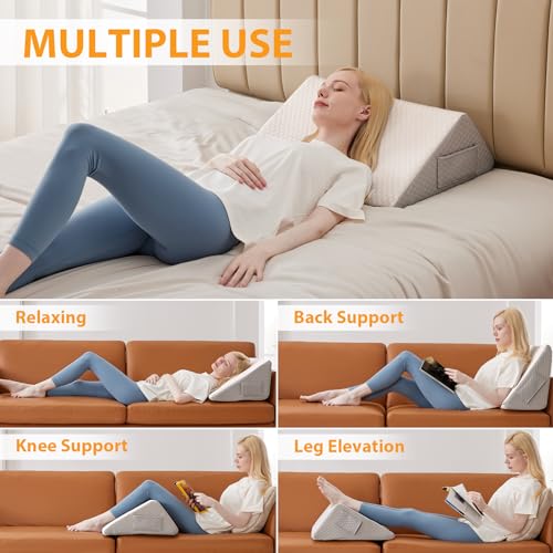 Ruqmuis Knee Wedge Pillow, 8"Wedge Pillow for Knee Pain Relief, Premium Memory Foam Knee Pillow for Back Sleeping, Triangle Wedge Pillow for Leg Elevation, Back Pain, Sciatica, Hip Support, White/Grey