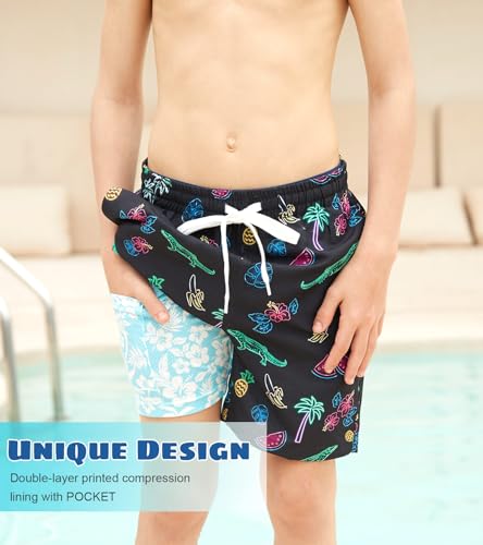 Cozople 7-20T Boys Swim Trunks with Compression Liner Big Boys Quick Dry Bathing Suit Stretch 2 in 1 Beach Swimming Shorts