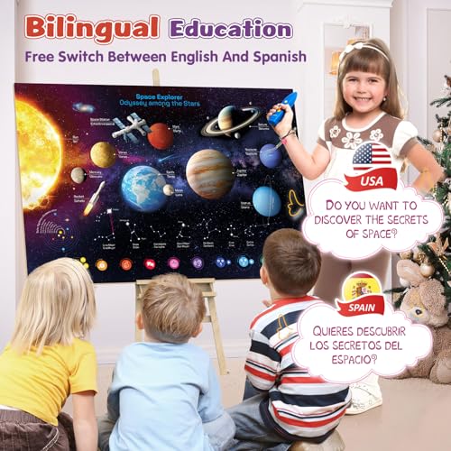 Bilingual Interactive Solar System Poster for Kids Learning and Educational Toys, Talking Educational Space Theme Wall Decor Ages 3 to 12 Years Old, Learning Chart for Preschool and Classroom