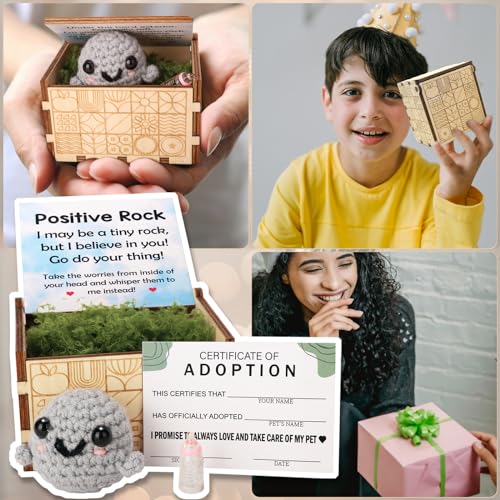 ARTINAEL Adopt a Desk Pet - Positive Mini Rock Friend: Cute Interactive Crochet Doll Companion for All Ages - Emotional Worry Buddy for Home or Office, Funny Novelty Gift Ideas.