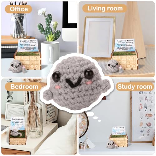 ARTINAEL Adopt a Desk Pet - Positive Mini Rock Friend: Cute Interactive Crochet Doll Companion for All Ages - Emotional Worry Buddy for Home or Office, Funny Novelty Gift Ideas.