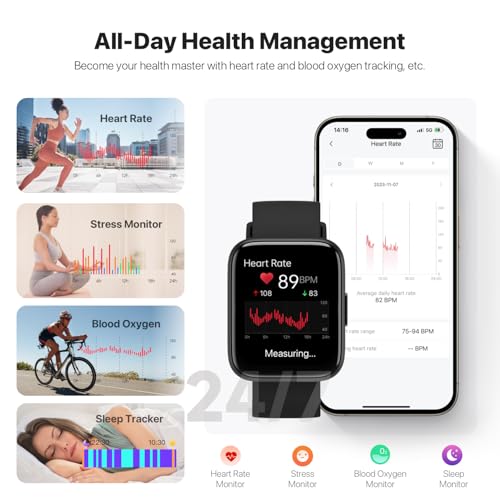 Smart Watch for Men Women - Answer/Make Calls/Quick Reply/AI Voice Assistant, 1.83" for Android iPhone Samsung Compatible IP68 Smartwatch Blood Oxygen Heart Rate Fitness Tracker (Black, 1.83")