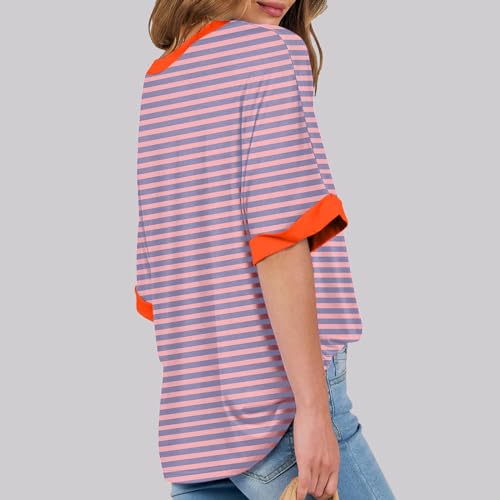 Oversized Tshirts for Women Summer 3/4 Length Sleeve Tops Casual Striped Crew Neck Tee Fashion Loose Clothes 2024