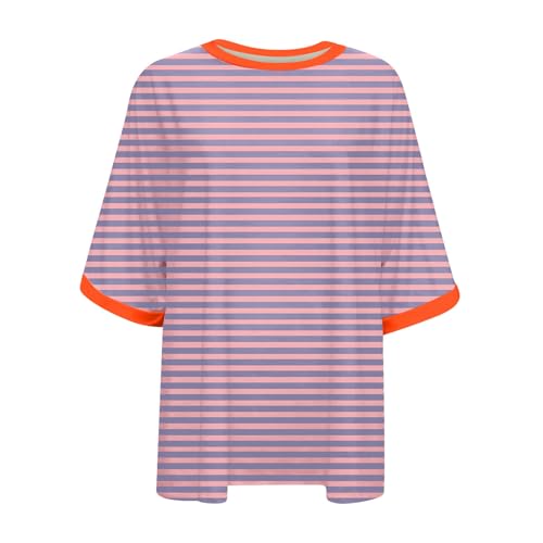 Oversized Tshirts for Women Summer 3/4 Length Sleeve Tops Casual Striped Crew Neck Tee Fashion Loose Clothes 2024