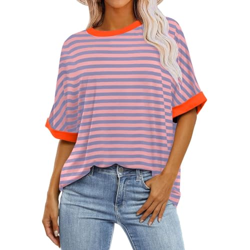 Oversized Tshirts for Women Summer 3/4 Length Sleeve Tops Casual Striped Crew Neck Tee Fashion Loose Clothes 2024