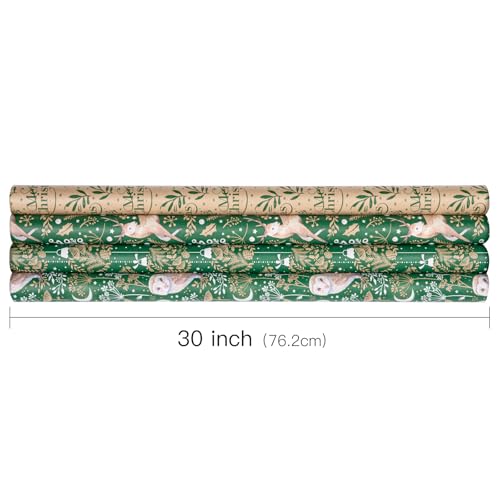 RUSPEPA Christmas Kraft Wrapping Paper - Owl, Reindeer, Christmas Ball and Text Design - 4 Rolls - 30 inches x 10 feet per Roll