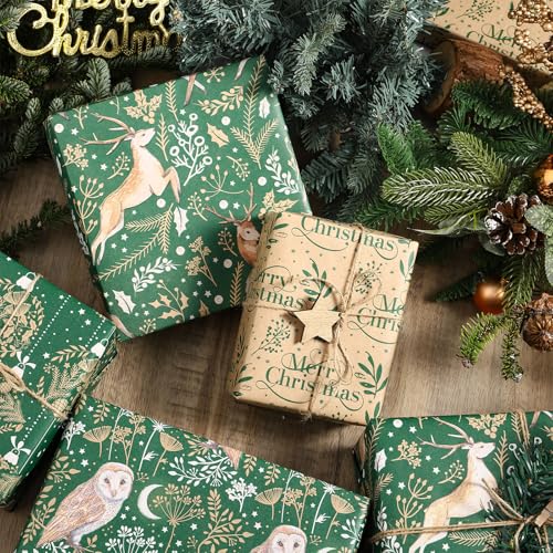 RUSPEPA Christmas Kraft Wrapping Paper - Owl, Reindeer, Christmas Ball and Text Design - 4 Rolls - 30 inches x 10 feet per Roll