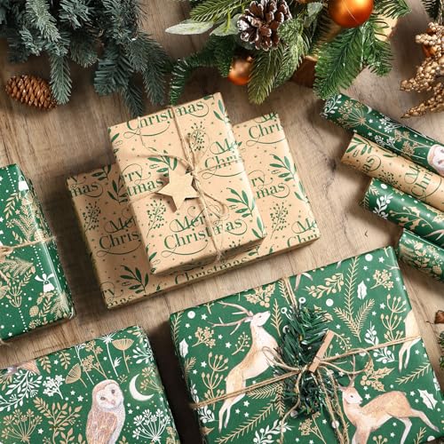 RUSPEPA Christmas Kraft Wrapping Paper - Owl, Reindeer, Christmas Ball and Text Design - 4 Rolls - 30 inches x 10 feet per Roll