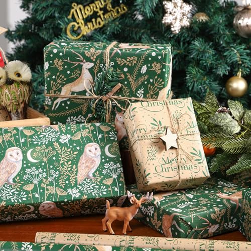 RUSPEPA Christmas Kraft Wrapping Paper - Owl, Reindeer, Christmas Ball and Text Design - 4 Rolls - 30 inches x 10 feet per Roll