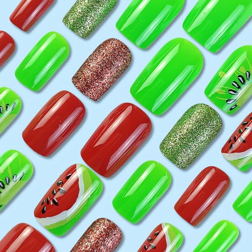 SINSEN Summer Press on Nails Square Shape Fake Nails Medium Length False Nails Press ons with Watermelon Designs Cute Acrylic Glue on Nails Reusable Stick on Nails for Women DIY Manicure, 24PCS