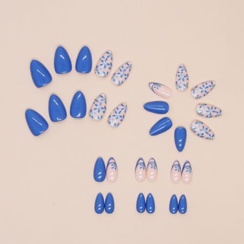 Blue Flowers Press on Nails Medium Almond Fake Nails French Tip Full Cover Glue on Nails Blue Pink Glossy Designs Cute Spring Summer False Nails Stick on Nails for Women Girls Nail Decorations