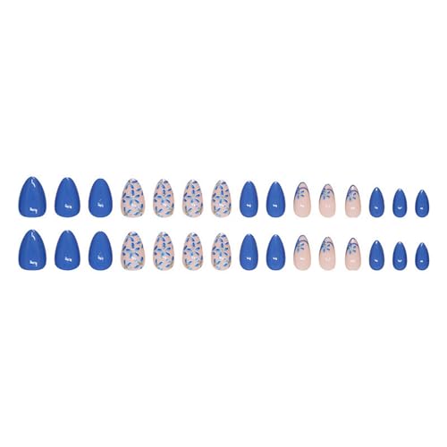 Blue Flowers Press on Nails Medium Almond Fake Nails French Tip Full Cover Glue on Nails Blue Pink Glossy Designs Cute Spring Summer False Nails Stick on Nails for Women Girls Nail Decorations