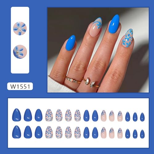 Blue Flowers Press on Nails Medium Almond Fake Nails French Tip Full Cover Glue on Nails Blue Pink Glossy Designs Cute Spring Summer False Nails Stick on Nails for Women Girls Nail Decorations