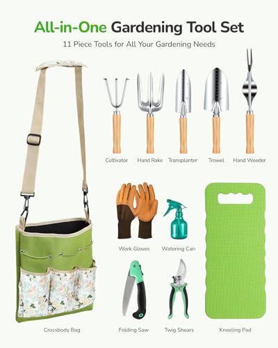 Grenebo All-in-One Garden Tool Set, 11-Piece Heavy Duty Gardening Tools with Ergonomic Canvas Shoulder Crossbody Bag, Rust-Proof Premium Garden Tool Kit, Gardening Gift for Women Men