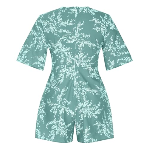 Women Summer Outfits Romper V Neck Floral Print Jumpsuit Short Flared Sleeve Tie Waist Tiered Ruffle Hem Cute Rompers