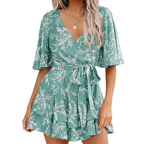 Women Summer Outfits Romper V Neck Floral Print Jumpsuit Short Flared Sleeve Tie Waist Tiered Ruffle Hem Cute Rompers