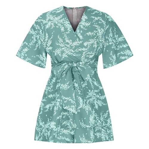 Women Summer Outfits Romper V Neck Floral Print Jumpsuit Short Flared Sleeve Tie Waist Tiered Ruffle Hem Cute Rompers