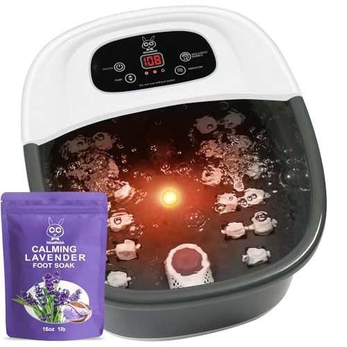 Foot Spa Bath Massager with Heat Bubbles and Vibration Massage and Jets, 16 OZ Calming Lavender Foot Soak Epsom Salt, MoodRelish Foot Soaker with Red Light, 22 Massage Rollers, Adjustable Temp - Black